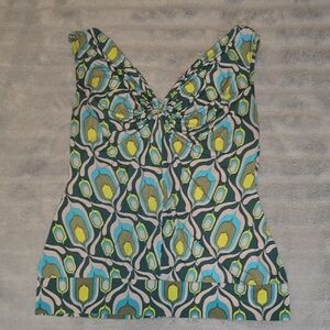 Chic Geometric Women's Sleeveless Blouse in Blue & Green Multi-color Size Large